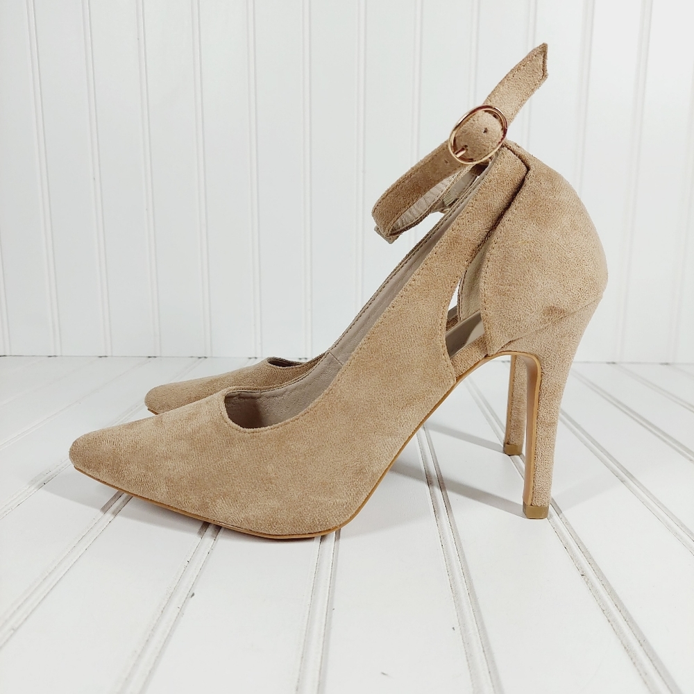 Boutique Nude Faux Suede Ankle Strap Pumps